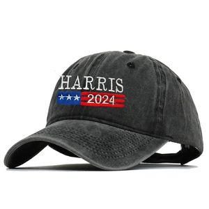 Close-up of Harris 2024 embroidery on a charcoal grey washed denim baseball cap