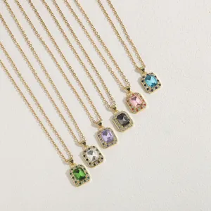 Square emerald-cut zircon necklaces in six colors with gold titanium steel chains