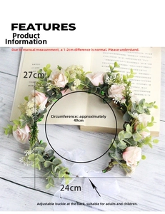 Detail view of floral headband with roses and measurements on a wooden background