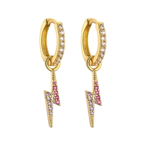 Detailed shot of golden lightning hoop earrings featuring pink and purple micro zircons