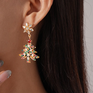 Close-up of model wearing Christmas tree and snowflake earrings with rhinestones