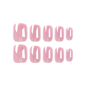 Glossy pink short square press-on nails set with ten assorted sizes on white background