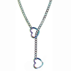 Macro detail of the rainbow finish stainless steel double heart pendant Y-shaped necklace