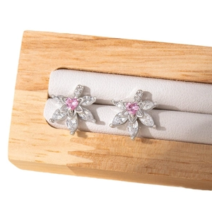 Silver leaf flower earrings with pink and clear zircons in a premium jewelry box