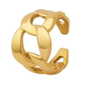Polished 18K gold-plated titanium steel ring with flat curb chain design and open adjustable band
