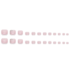 Classic French tip press-on toenails with soft pink base and delicate rhinestones