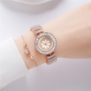 Elegant rose gold rhinestone watch set with floral dial and matching beaded bracelet