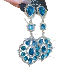 Blue teardrop rhinestone tassel earrings with sparkling crystals and silver needles