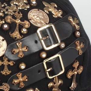Hip hop snapback hat featuring golden gothic cross rivets and punk leather buckle straps