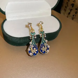 Elegant Chinese style lute pearl earrings with enamel inlay and sparkling crystals