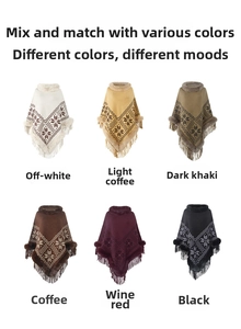 Detail showing multi-color options of knit ponchos with faux fur collars and tassels