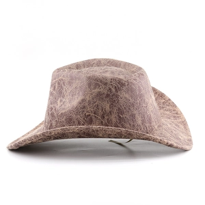 Detail shot of vintage wide brim cowboy hat with brown cracked texture and retro design