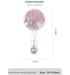 Detail view of round hairbrush with pink glitter sequins and 74x152mm size dimensions