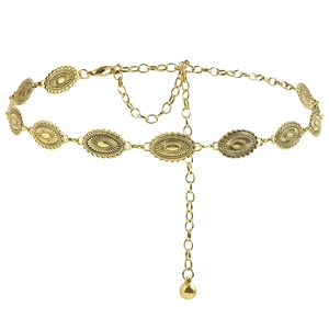 Vintage gold metal waist chain with geometric engraved oval plates and lobster clasp
