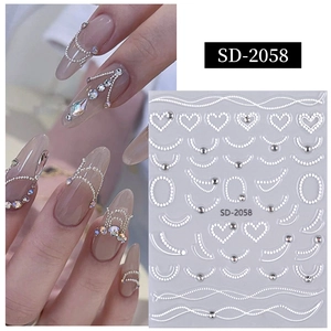 Autocollants 5D à relief pour ongles avec cœurs, chaînes argentées et diamants