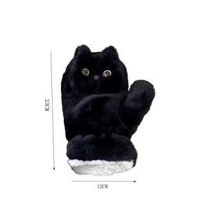 Detail view of plush black cat gloves with thick fleece lining and dimensions 23x12cm