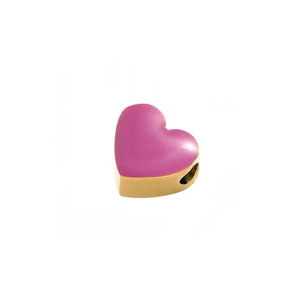 Detailed macro view of a magenta enamel heart charm with gold-plated metal plating