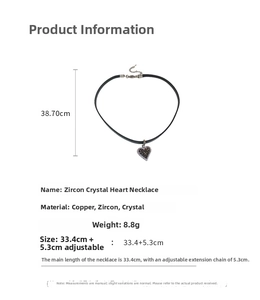 Detailed size and material specs for heart pendant choker with crystals and copper