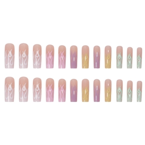 Long coffin press-on nails with rainbow flame gradient design on a nude base