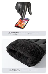 Detail of warm winter touch screen leather gloves with soft thermal fleece lining inside