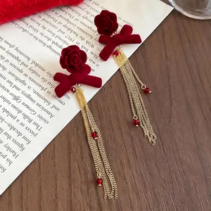 Vintage wine red velvet rose earrings with gold fringe tassels and red crystal beads