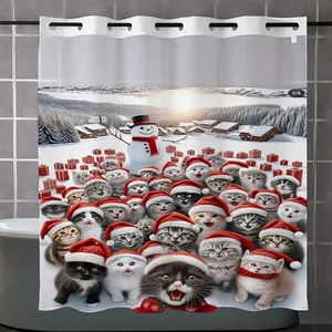 Detail showing Christmas snowman and festive cat print on double-layer shower curtain fabric