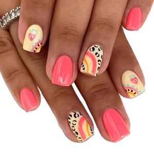 Pink and beige press-on nails with leopard print and heart art in square shape