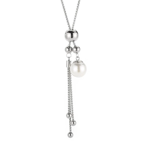 Elegant Y-shaped pearl necklace with silver beads and tassel pendant on white background