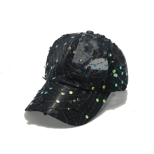Women's black mesh sun hat with floral appliques and colorful sequins for summer