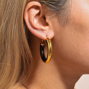Chic 18K gold plated chunky hoop earrings with black enamel inlay for women