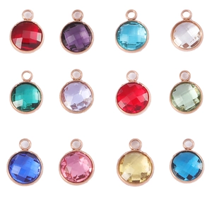 Set of 12 colorful 7mm round birthstone charms with faceted glass in golden metal frames