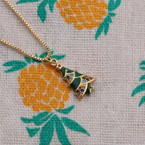 Gold plated Christmas tree necklace with green enamel and colorful crystals on box chain