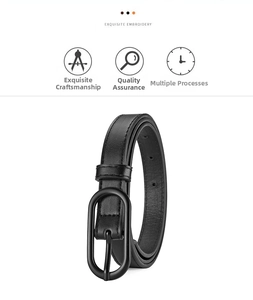 Detail of slim black leather belt featuring a matte oval buckle and high-quality texture