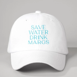 Detailed blue embroidery text Save Water Drink Margs on white cotton baseball cap