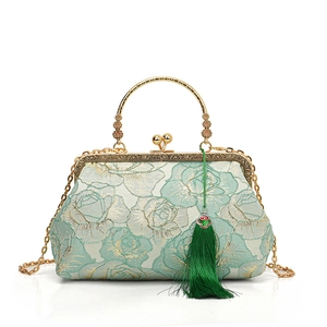 Vintage floral embroidery evening bag with gold round handle and green silk tassel