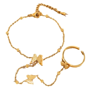 Elegant gold butterfly integrated bracelet and ring set in polished stainless steel