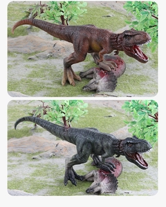 Detailed battle scene of T-Rex attacking Triceratops model in two realistic color schemes