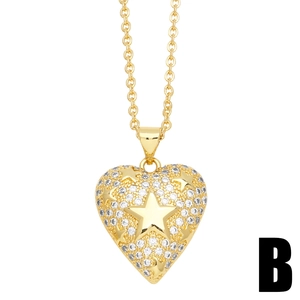 Golden heart pendant necklace with micro-paved zircons and embossed star detail