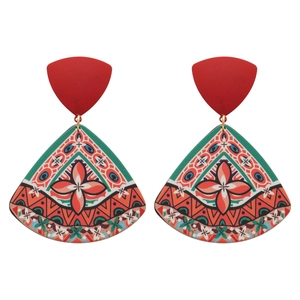 Vintage acrylic triangular drop earrings with ethnic geometric patterns in coral and teal