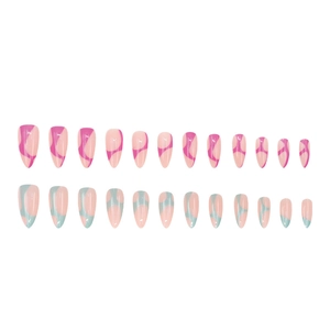 Almond shaped press-on nails with rose red and lake green aurora swirl patterns