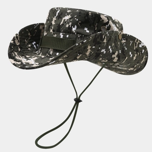 Detail view of digital camo sun hat with adjustable wind rope and breathable metal vents