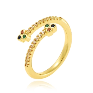 18K gold plated open ring with colorful gemstones and rows of sparkling crystals