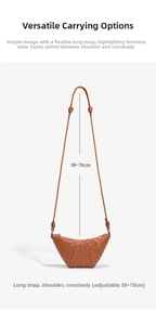 Detail of hand-woven brown crescent bag with adjustable strap ranging from 38 to 70cm