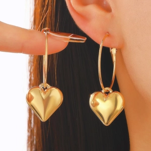 Fashion Heart Pendant Hoop Earrings For Women High Polish Metallic 3D Love Heart Trendy Ear Jewelry