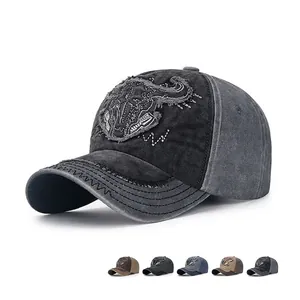 Vintage Washed Cotton Baseball Cap Distressed Bull Head Embroidery Patch Retro Adjustable Sun Hat For Men Women