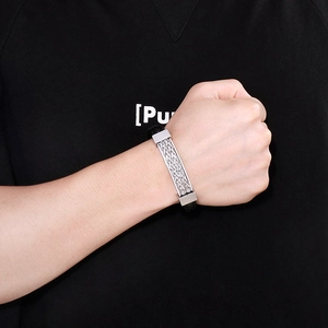 Men's braided leather bracelet with silver stainless steel magnetic clasp and metal inlay