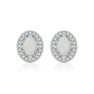 Elegant S925 sterling silver stud earrings featuring white opal and zircon halo with reflections