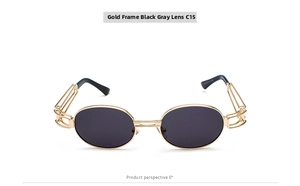 Detail of steampunk sunglasses with gold metal wire frame and grey lenses C15