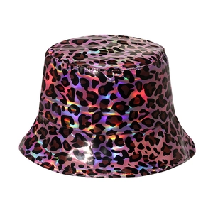 Holographic leopard print bucket hat in pink purple with shiny metallic finish
