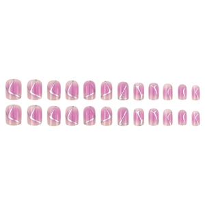 Pink and purple gradient press-on nails with silver geometric lines 24pcs set